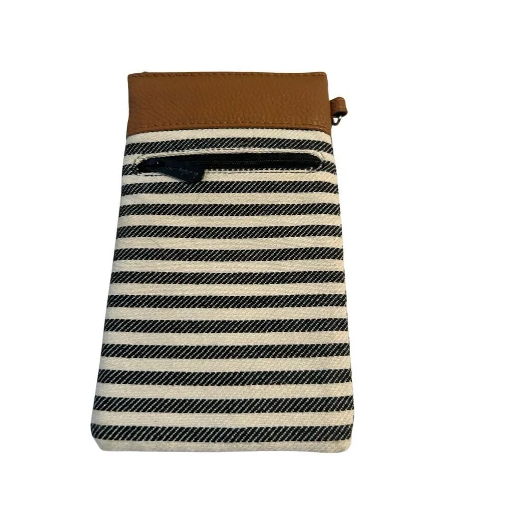 Baggallini Phone Pouch OS Black White Striped Canvas Tan Trim Women